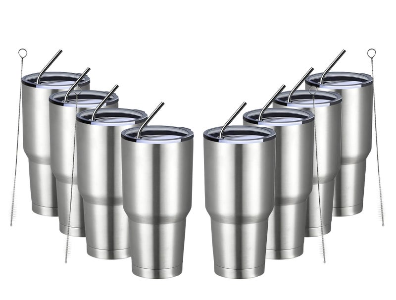 MEWAY 30oz Insulated Tumbler With Lids and Straws,Stainless Steel Double Vacuum Coffee Tumbler Cup, Brush, Durable Powder Coated Coffee Cup for Cold & Hot Drinks, Office, Travel(Silver,8 PACK) - Image 1